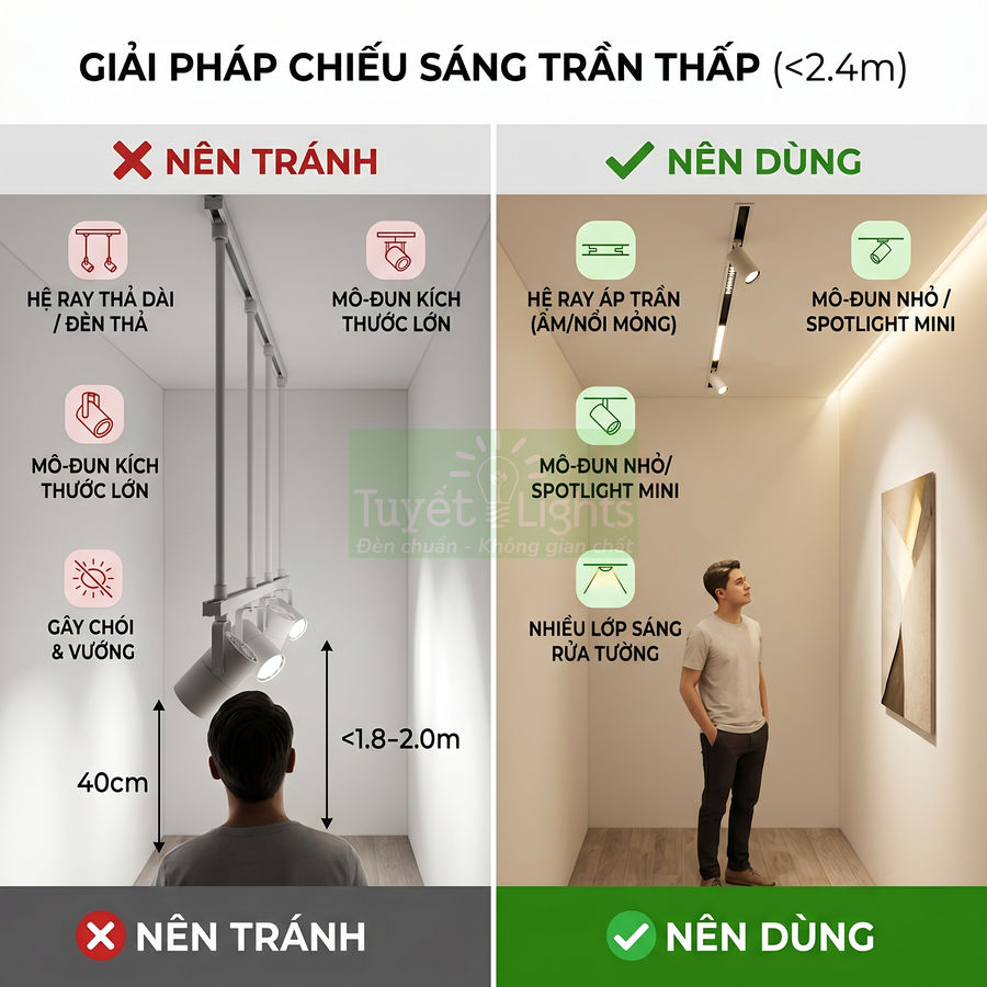 Giải pháp chiếu sáng trần thấp với đèn ray áp trần, spotlight mini tạo nhiều lớp sáng rửa tường