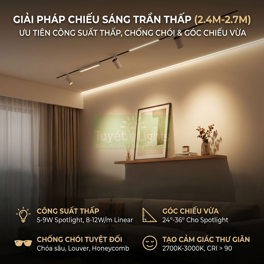 Giải pháp chiếu sáng trần thấp Tuyết Lights với đèn spotlight và đèn led hắt trần cho phòng khách