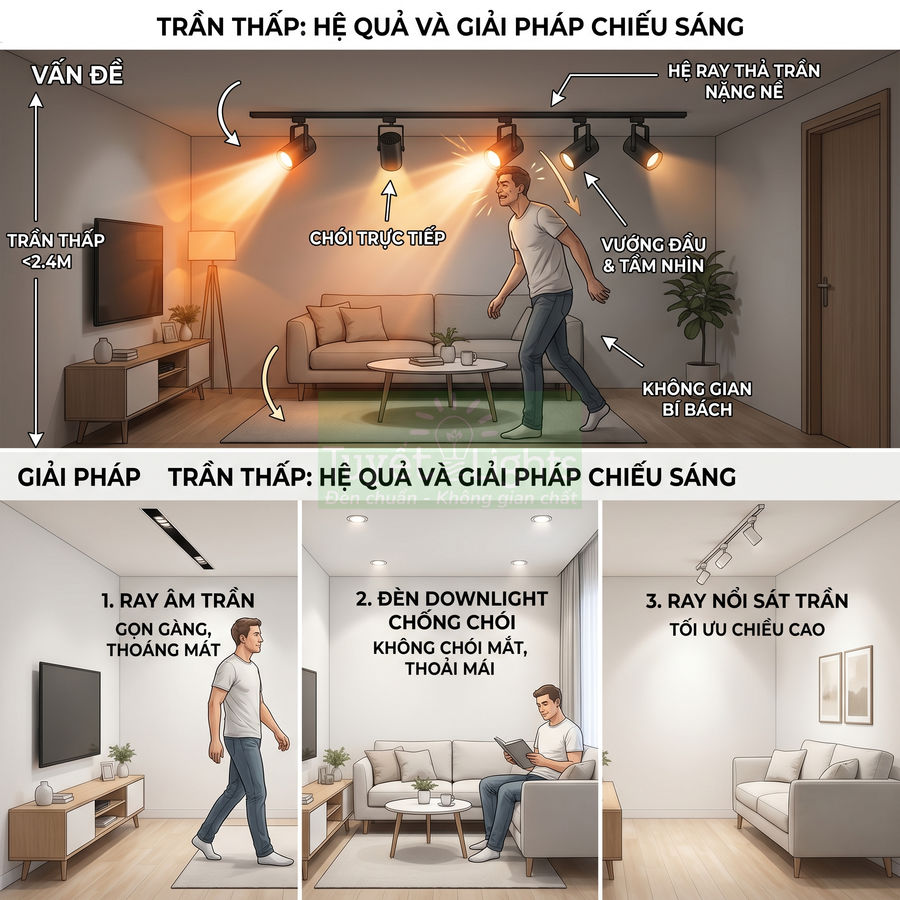 Giải pháp chiếu sáng cho trần thấp với ray âm trần, đèn downlight chống chói và ray nổi sát trần trong phòng khách