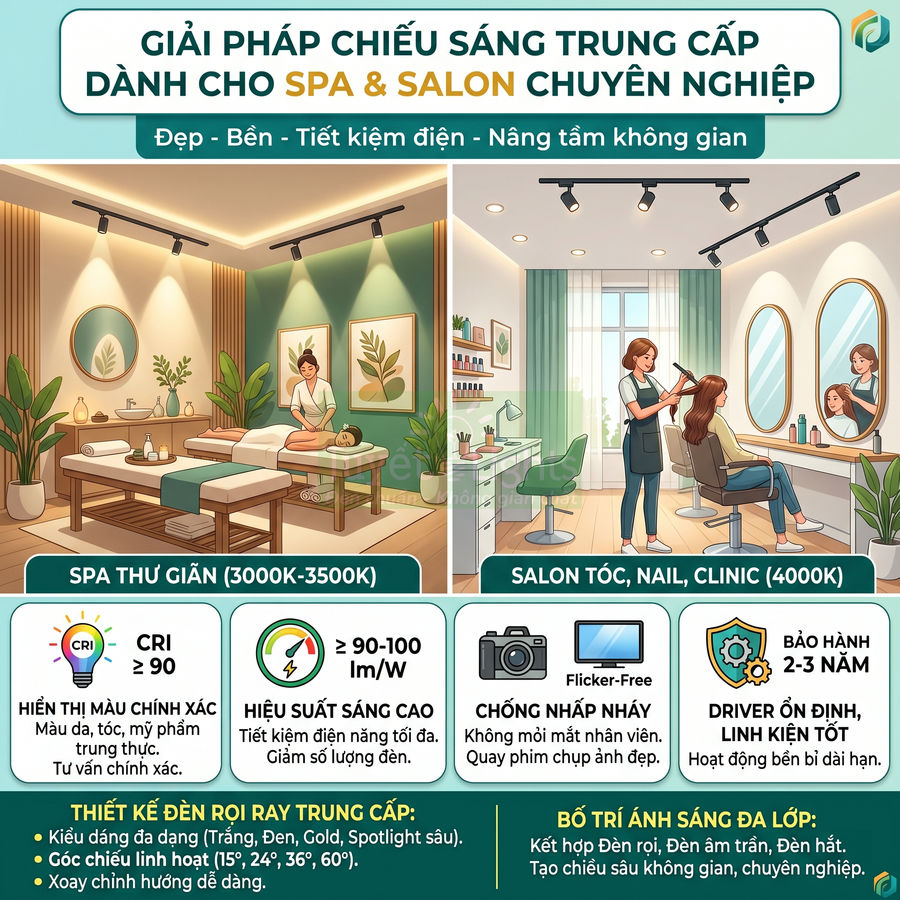 Giải pháp chiếu sáng trung cấp cho spa và salon chuyên nghiệp với đèn rọi ray tiết kiệm điện
