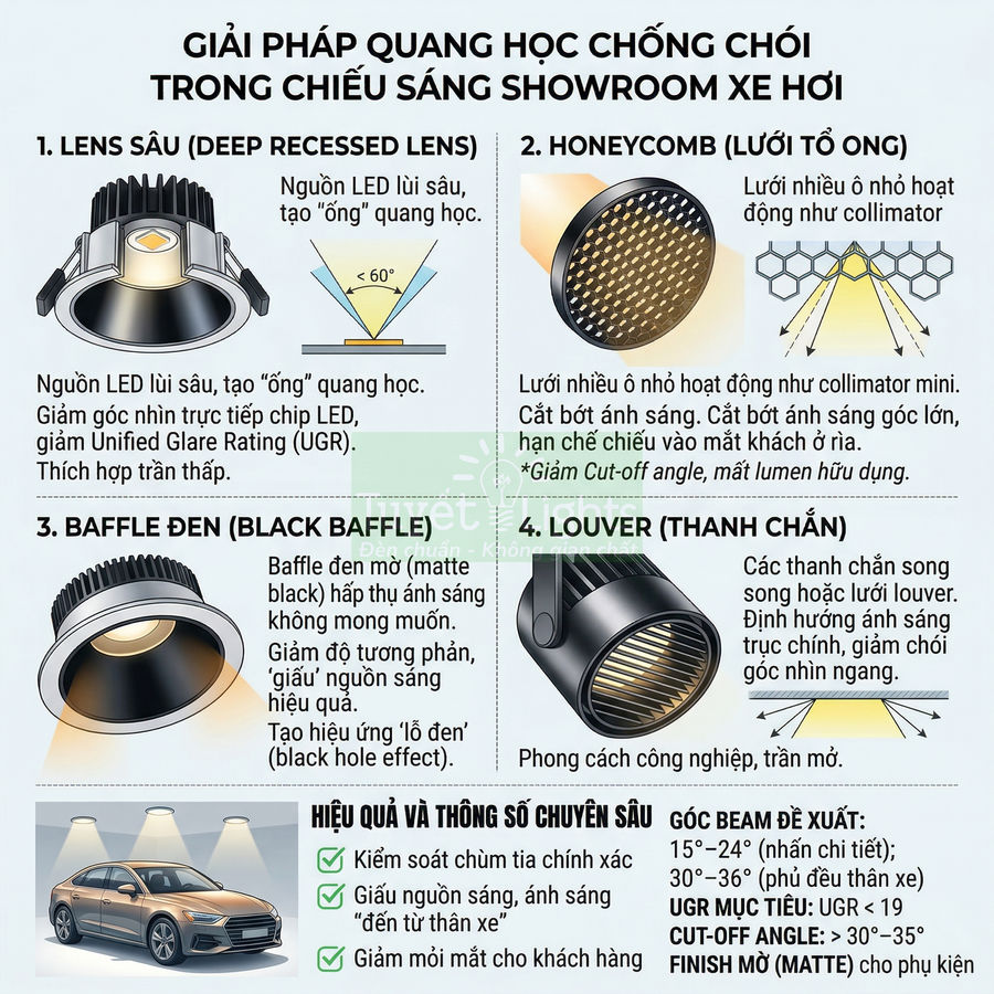 Giải pháp đèn LED chống chói cho showroom ô tô với lens sâu, lưới tổ ong, baffle đen và thanh chắn louver