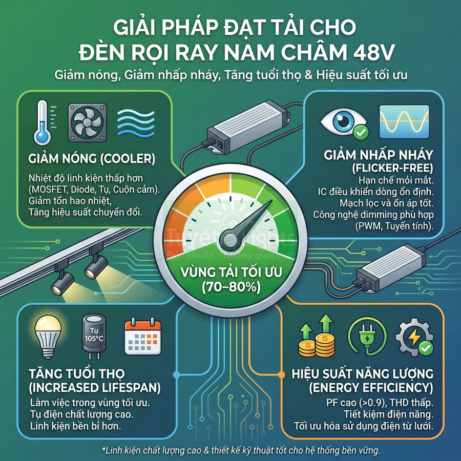 Giải pháp đạt tải cho đèn rọi ray nam châm 48V giảm nóng giảm nhấp nháy tăng tuổi thọ và hiệu suất năng lượng