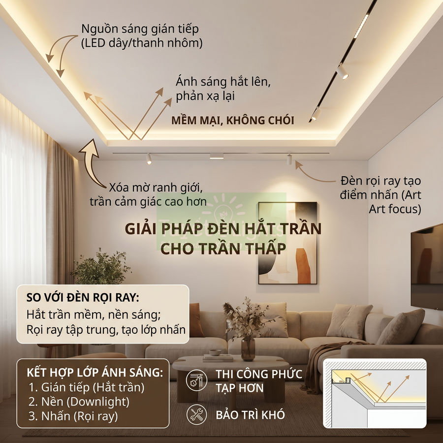 Phòng khách trần thấp lắp đèn hắt trần LED gián tiếp kết hợp đèn rọi ray tạo ánh sáng mềm mại, không chói