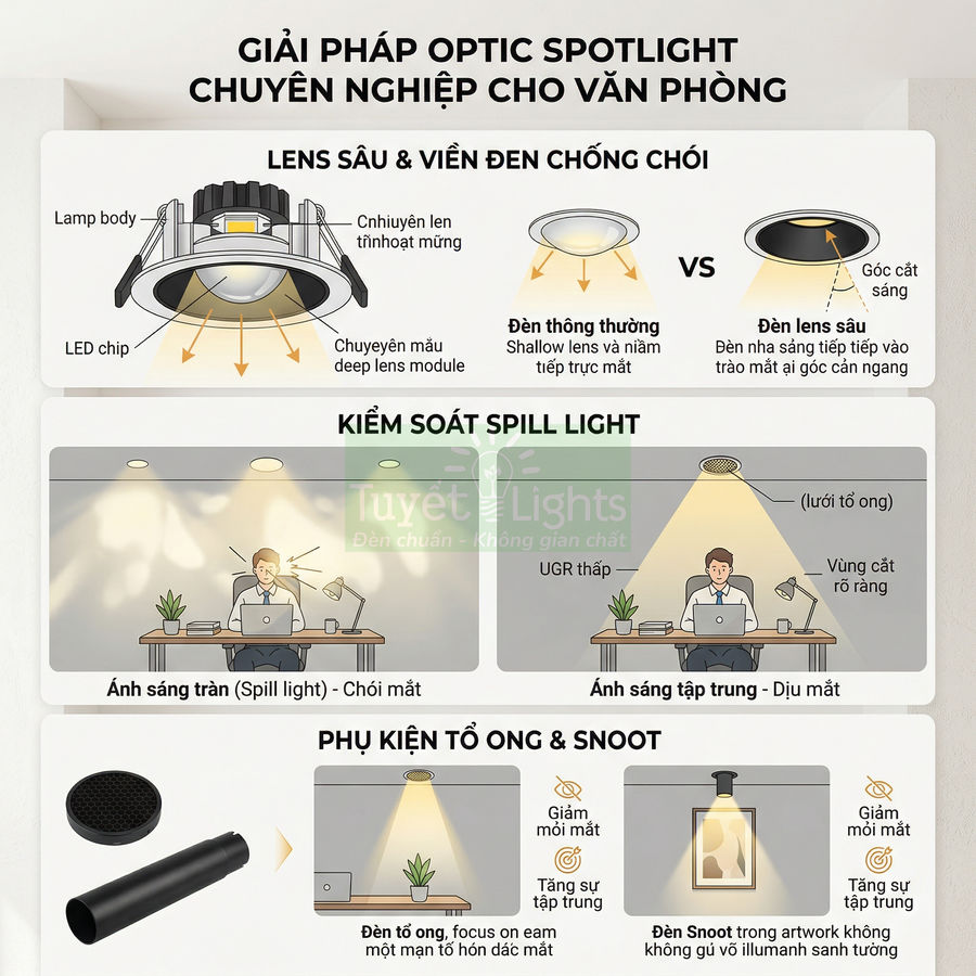 Giải pháp đèn downlight optic spotlight chống chói cho văn phòng của Tuyết Lights