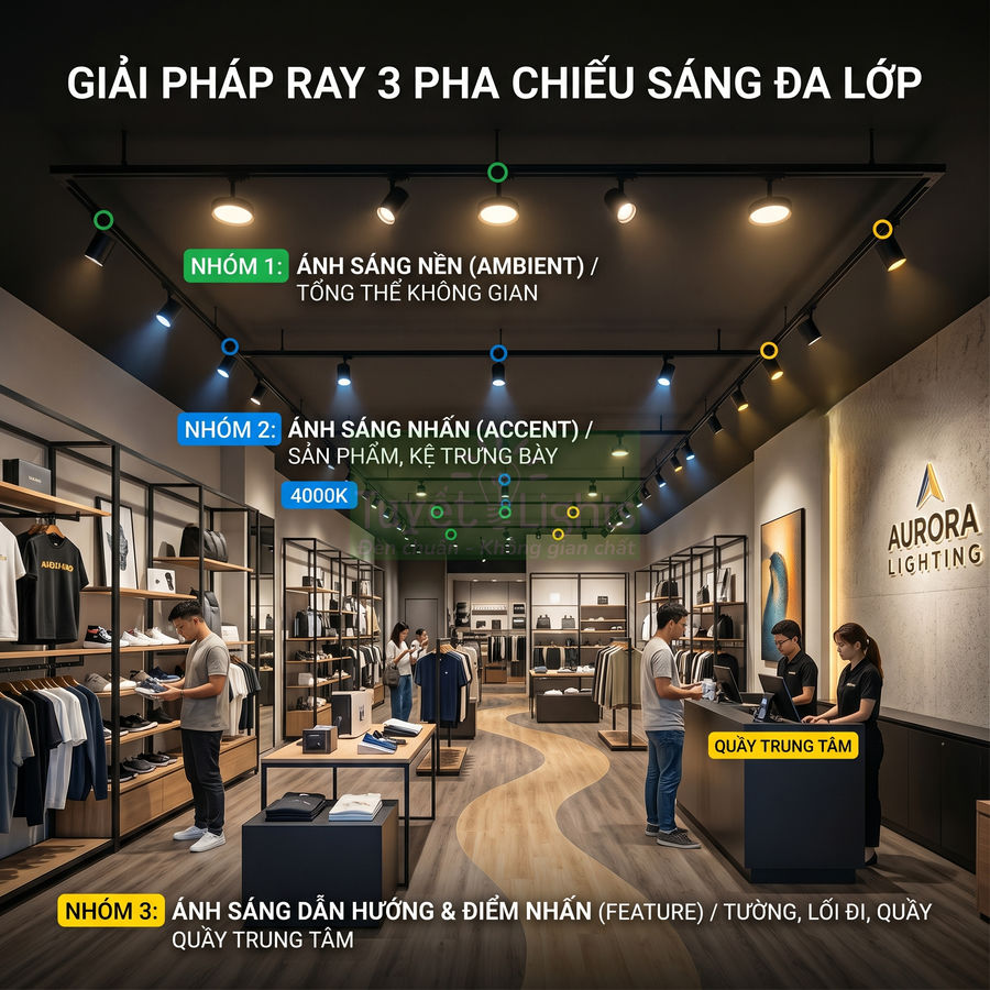 Giải pháp đèn ray 3 pha Aurora Lighting chiếu sáng đa lớp cho cửa hàng thời trang hiện đại