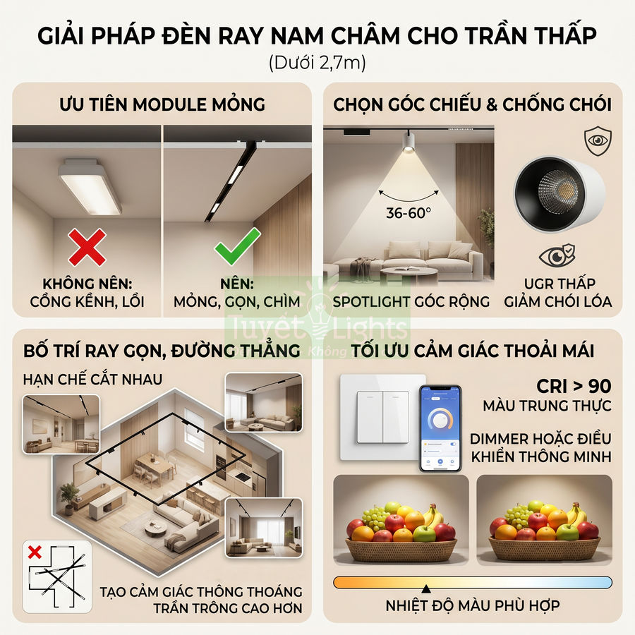 Giải pháp đèn ray nam châm cho trần thấp với module mỏng, spotlight góc rộng và điều khiển thông minh