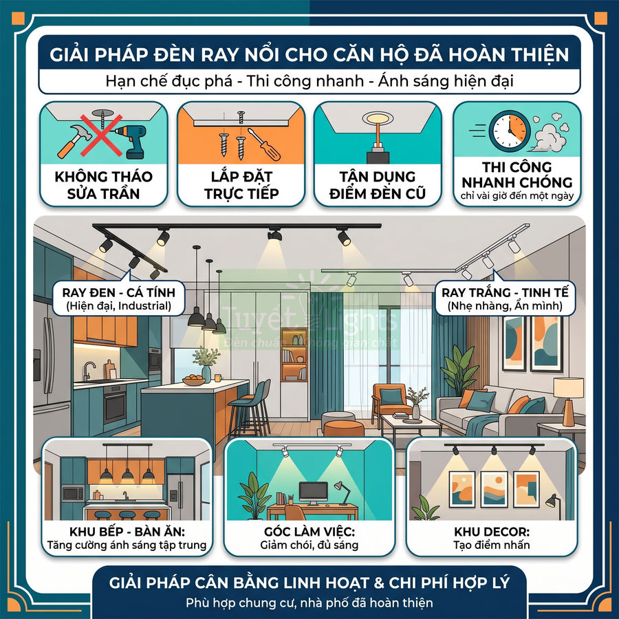 Giải pháp đèn ray nổi cho căn hộ hoàn thiện, lắp đặt nhanh, tận dụng điểm đèn cũ, chiếu sáng bếp, phòng khách, góc làm việc