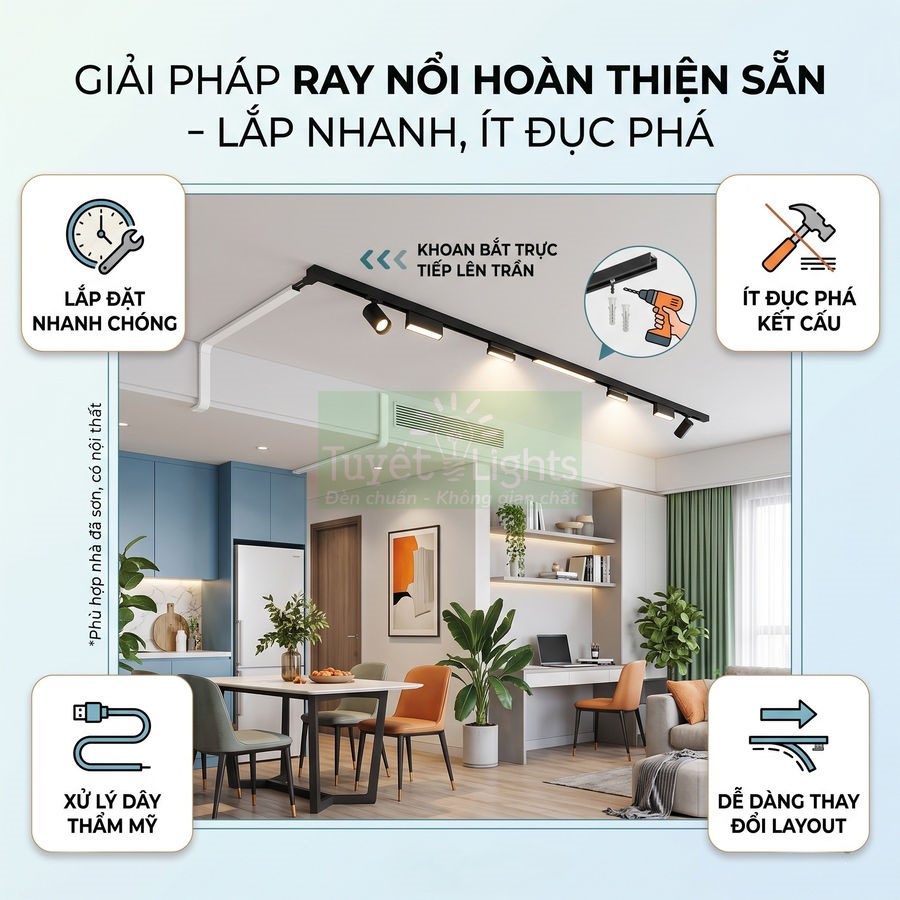 Hệ thống đèn ray nổi Tuyết Lights lắp trần cho phòng khách và bếp, lắp đặt nhanh ít đục phá