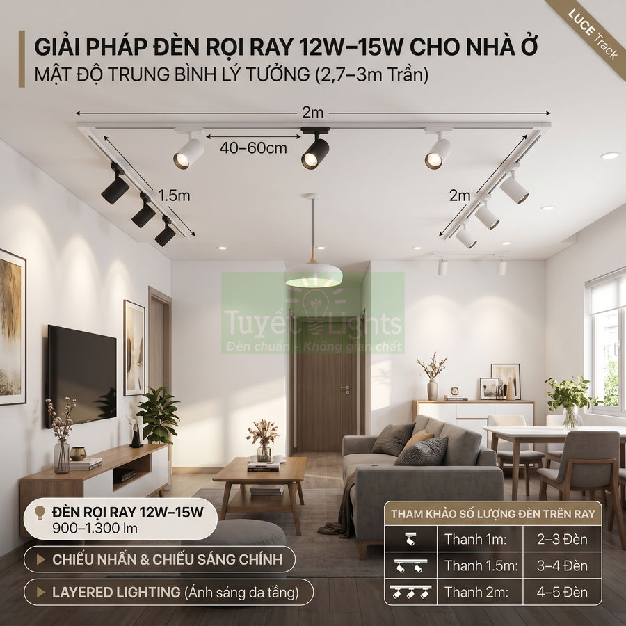 Đèn rọi ray Tuyết Lights 12W 15W lắp trần phòng khách hiện đại chiếu sáng khu vực sofa và bàn ăn
