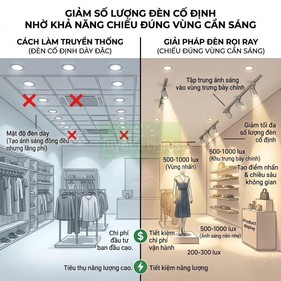 So sánh cửa hàng dùng đèn âm trần truyền thống với giải pháp đèn rọi ray tập trung chiếu sáng tiết kiệm năng lượng