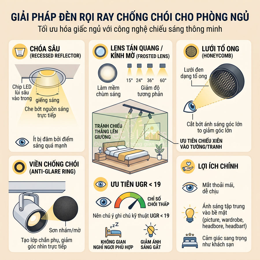 Infographic giải pháp đèn rọi ray chống chói cho phòng ngủ với các bộ phận và lợi ích chi tiết