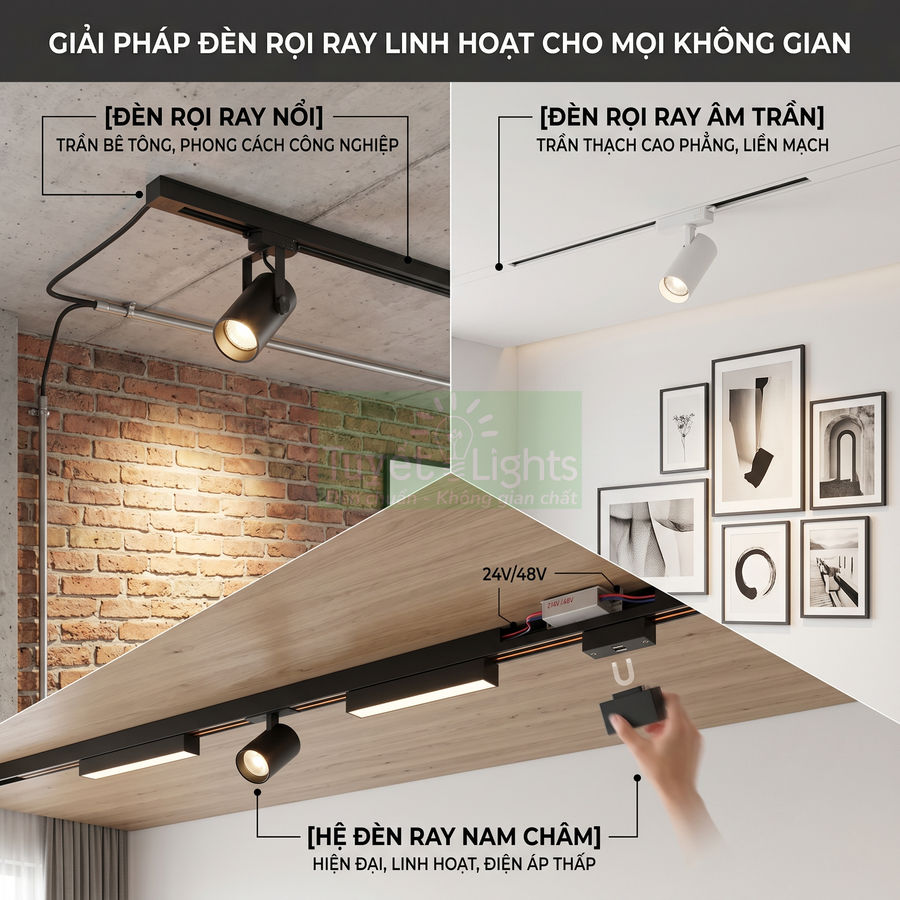 Đèn rọi ray nổi, đèn rọi ray âm trần và hệ đèn ray nam châm lắp trần cho không gian hiện đại