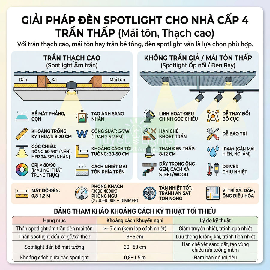 Infographic giải pháp lắp đèn spotlight cho nhà cấp 4 trần thấp mái tôn và trần thạch cao