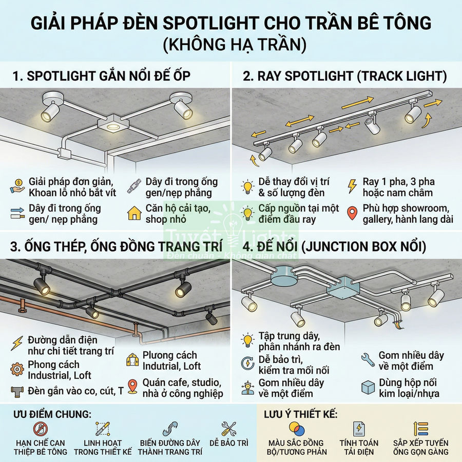 Giải pháp lắp đèn spotlight cho trần bê tông không hạ trần với nhiều kiểu ray, ống trang trí và hộp nối