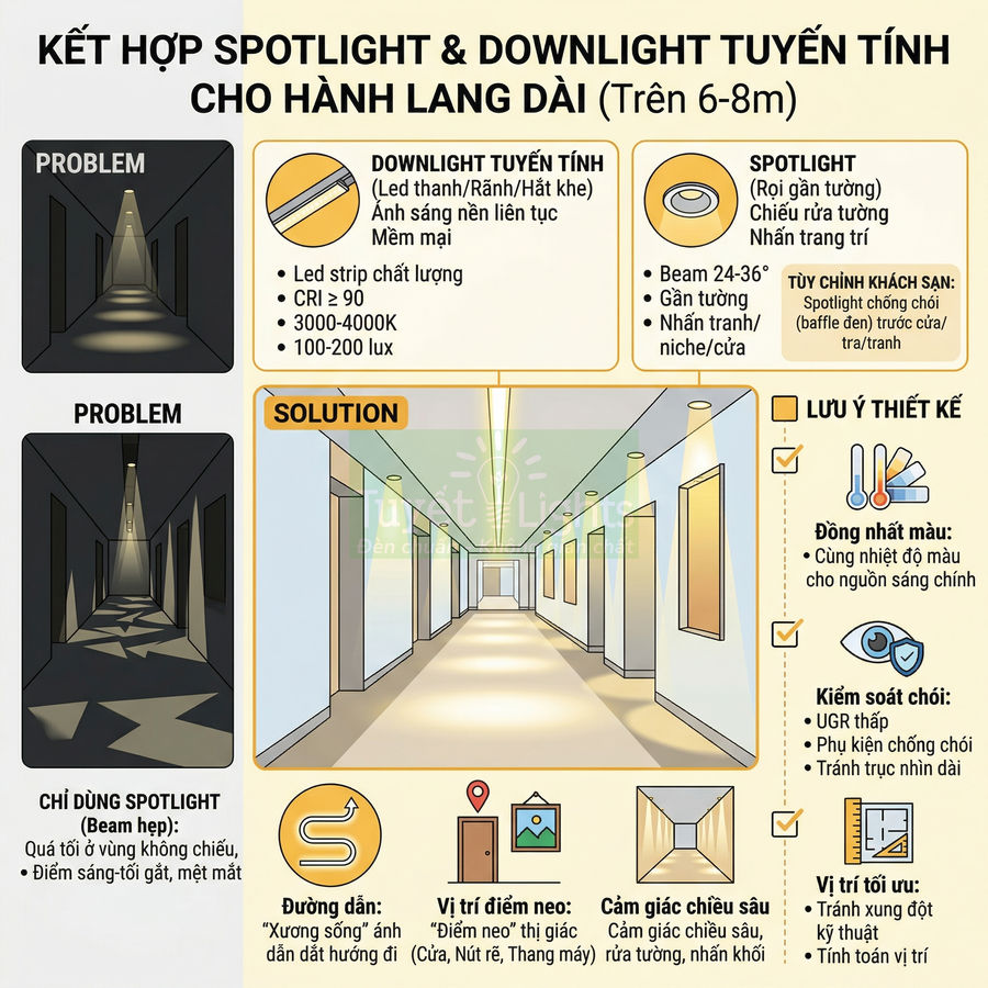 Giải pháp kết hợp đèn spotlight và downlight tuyến tính chiếu sáng hành lang dài trong tòa nhà