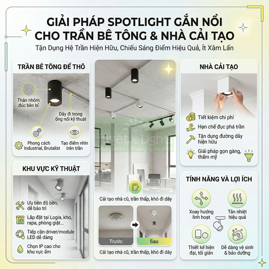 Giải pháp đèn spotlight gắn nổi Vietlights cho trần bê tông và nhà cải tạo, chiếu sáng điểm nhấn hiện đại