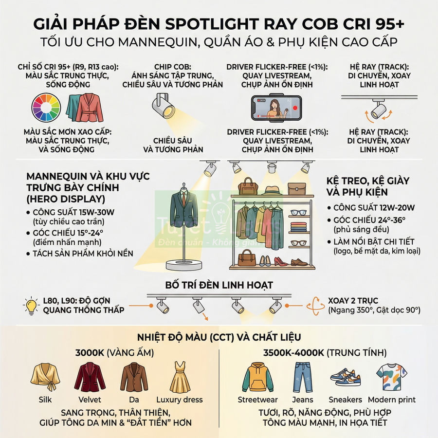 Infographic giải pháp đèn spotlight ray COB CRI 95+ chiếu sáng mannequin, quần áo và phụ kiện thời trang trong cửa hàng