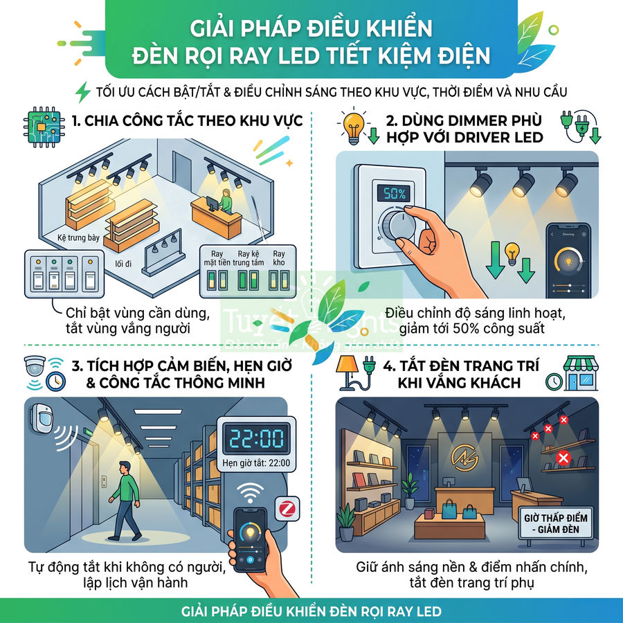 Giải pháp điều khiển đèn rọi ray LED tiết kiệm điện với công tắc vùng, dimmer, cảm biến và hẹn giờ thông minh