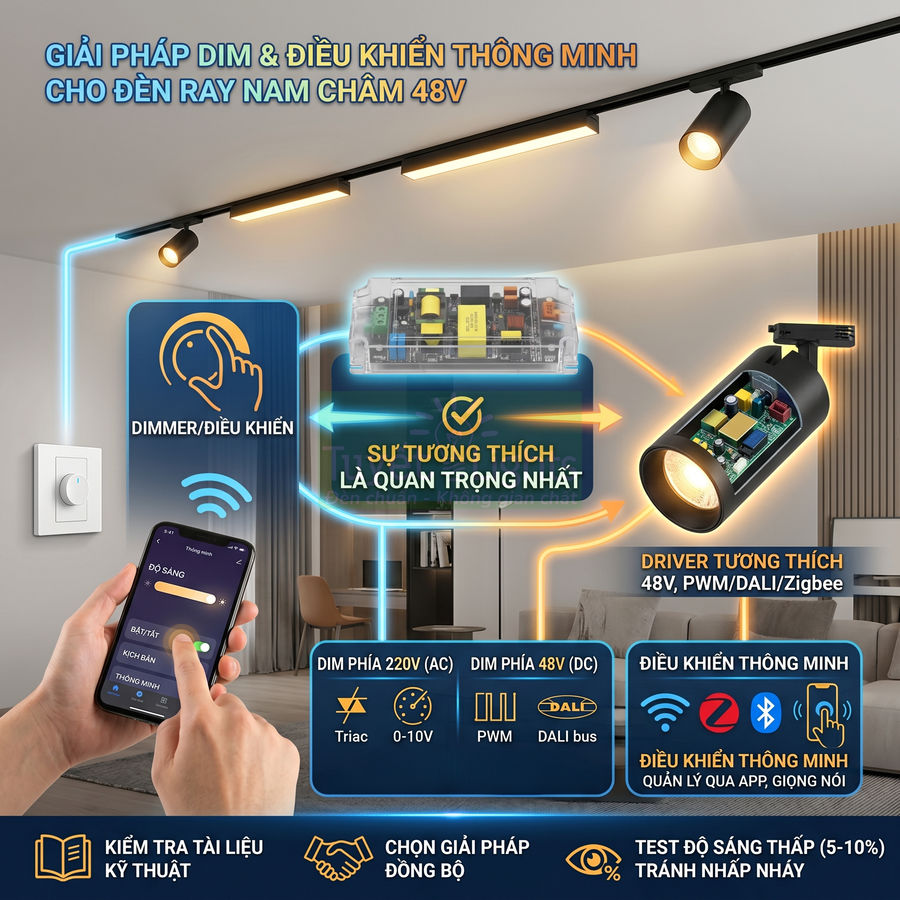 Giải pháp dim và điều khiển thông minh cho đèn ray nam châm 48V qua công tắc và ứng dụng điện thoại