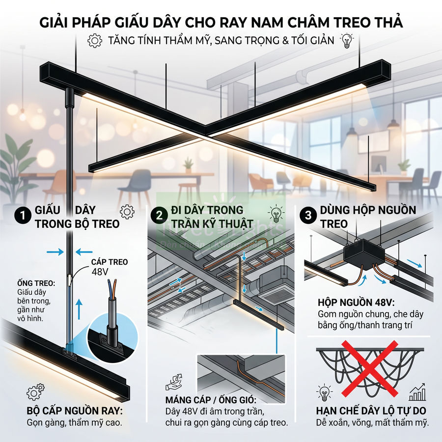 Giải pháp giấu dây cho ray nam châm treo thả, đi dây trong trần kỹ thuật và hộp nguồn 48V tăng thẩm mỹ trần nhà