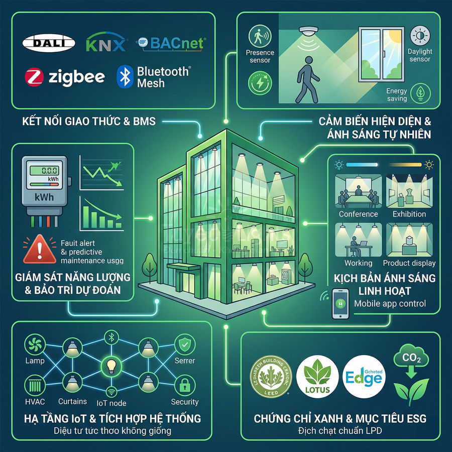 Giải pháp chiếu sáng thông minh cho tòa nhà xanh với cảm biến, giám sát năng lượng và điều khiển qua ứng dụng di động