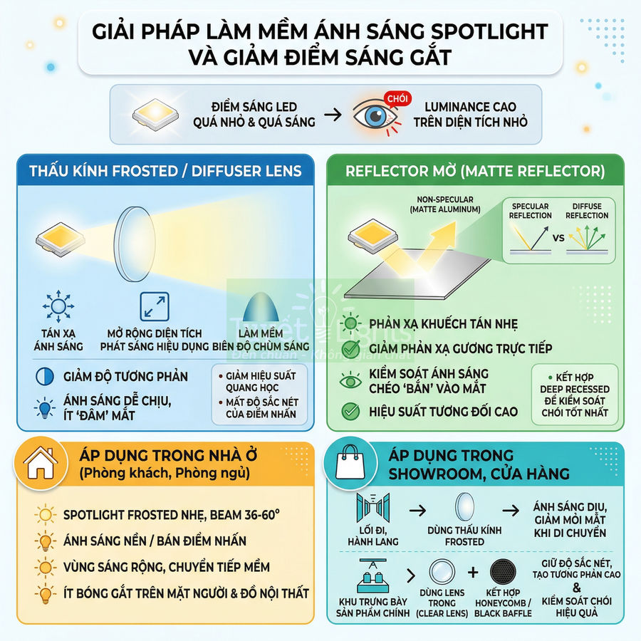 Giải pháp làm mềm ánh sáng đèn LED spotlight với thấu kính frosted và reflector mờ cho nhà ở và showroom