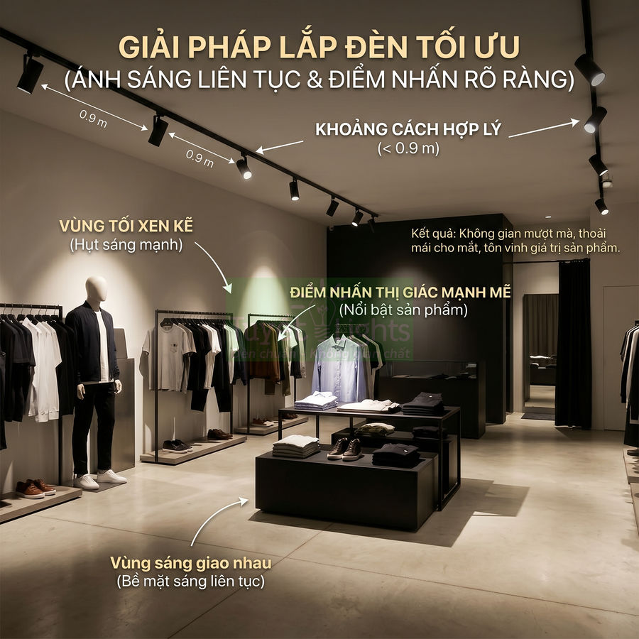 Hệ thống đèn rọi ray chiếu sáng quần áo và phụ kiện trong cửa hàng thời trang cao cấp