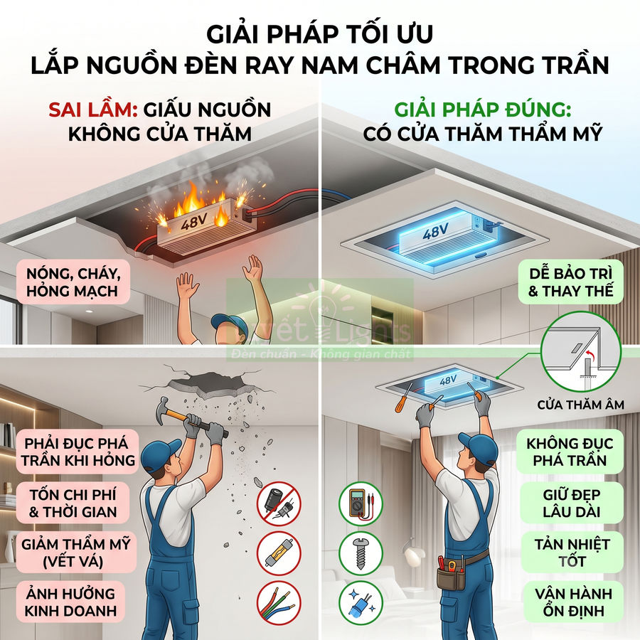 Giải pháp lắp nguồn đèn ray nam châm trong trần với cửa thăm âm trần an toàn, dễ bảo trì và thẩm mỹ