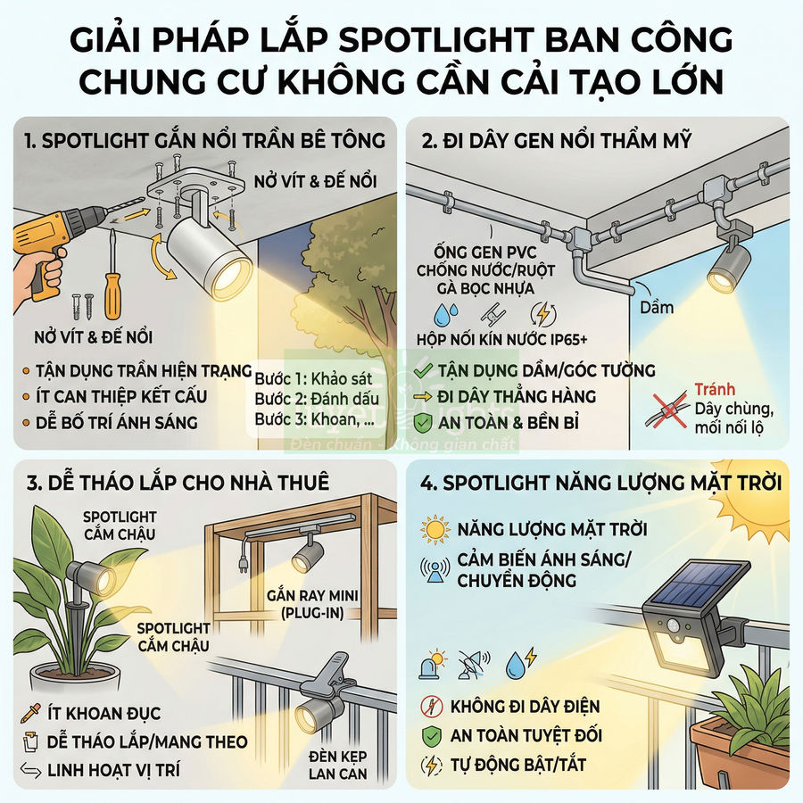 Giải pháp lắp đèn spotlight ban công chung cư không cần cải tạo lớn với nhiều kiểu lắp đặt khác nhau