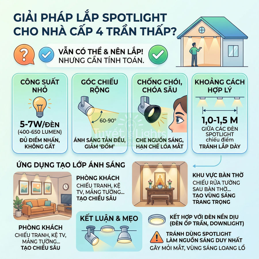 Infographic hướng dẫn lắp đèn spotlight LED cho nhà cấp 4 trần thấp, nêu công suất, góc chiếu và khoảng cách hợp lý