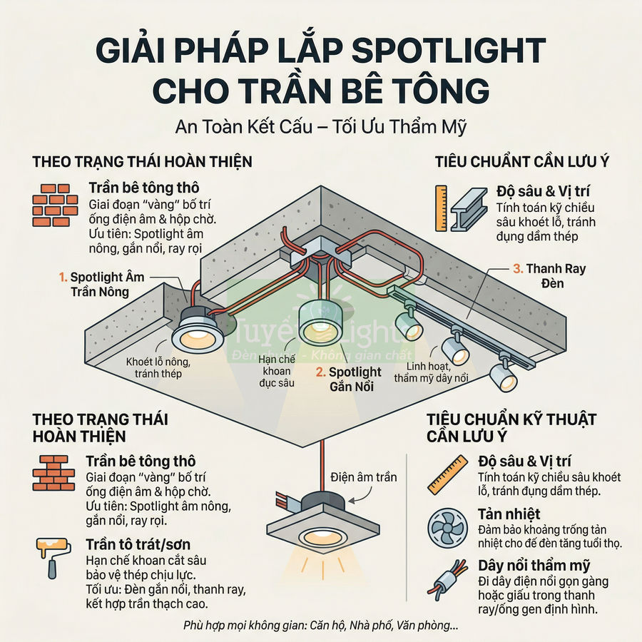 Đèn spotlight cho trần bê tông có lắp được không