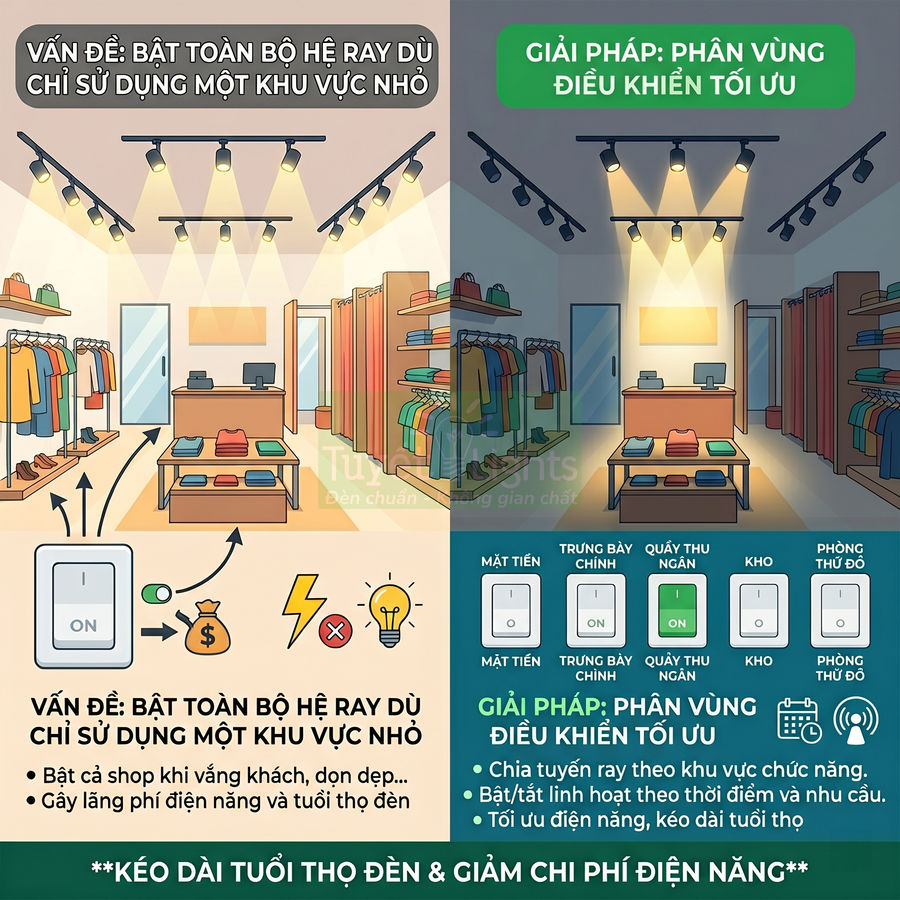 Giải pháp phân vùng điều khiển đèn ray cho cửa hàng thời trang giúp tiết kiệm điện và kéo dài tuổi thọ đèn