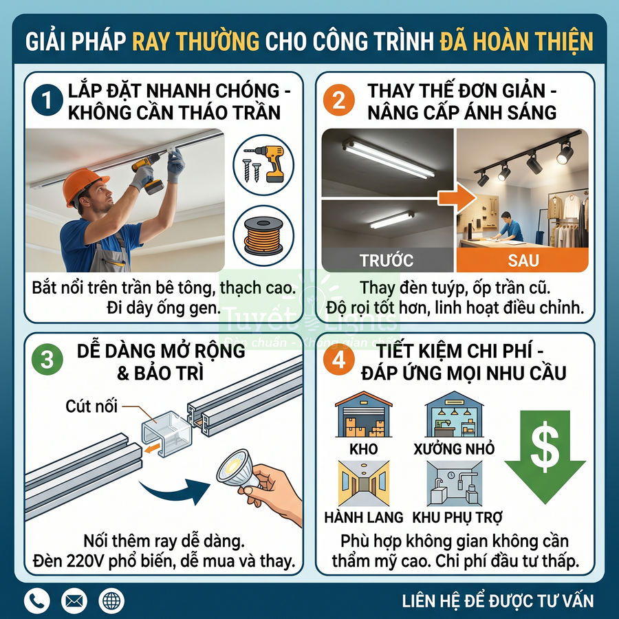 Giải pháp ray đèn chiếu sáng cho công trình hoàn thiện, lắp đặt nhanh, dễ nâng cấp và tiết kiệm chi phí