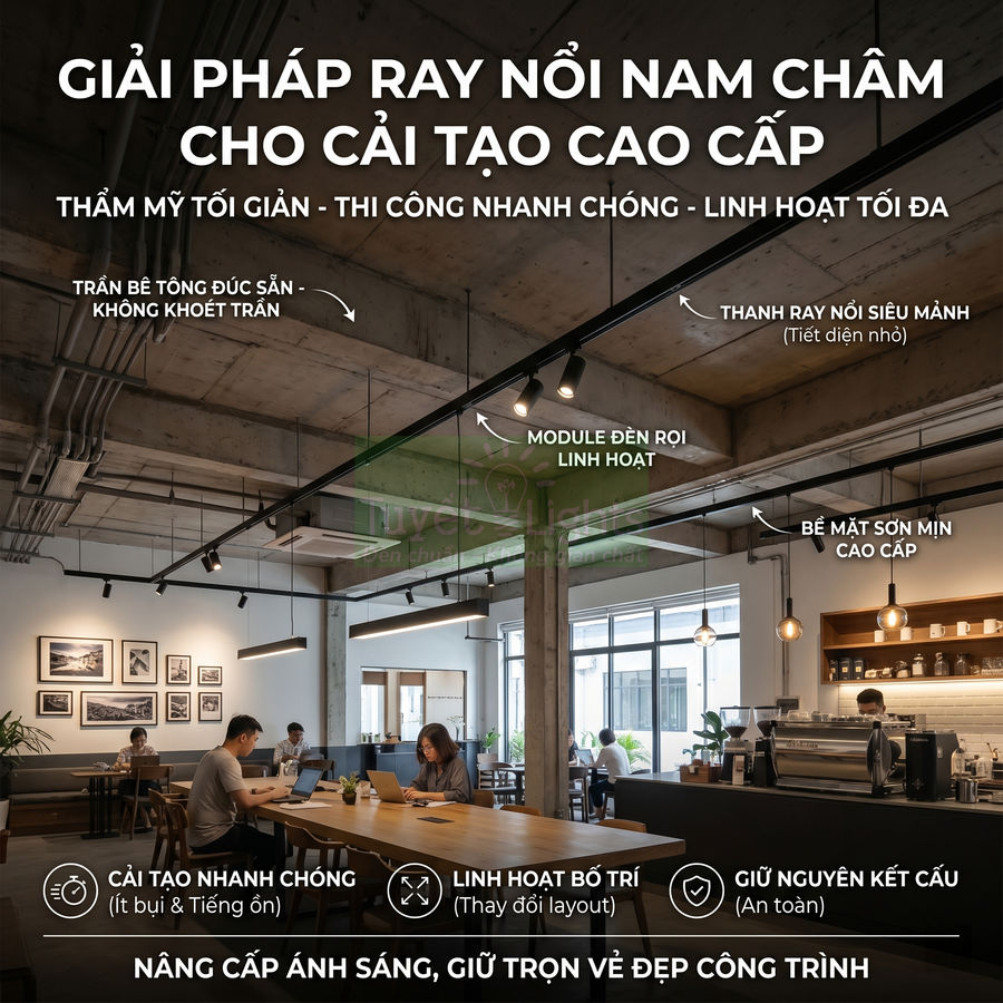 Hệ thống đèn ray nổi nam châm cao cấp cho quán cà phê trần bê tông, module đèn rọi linh hoạt, thi công cải tạo nhanh