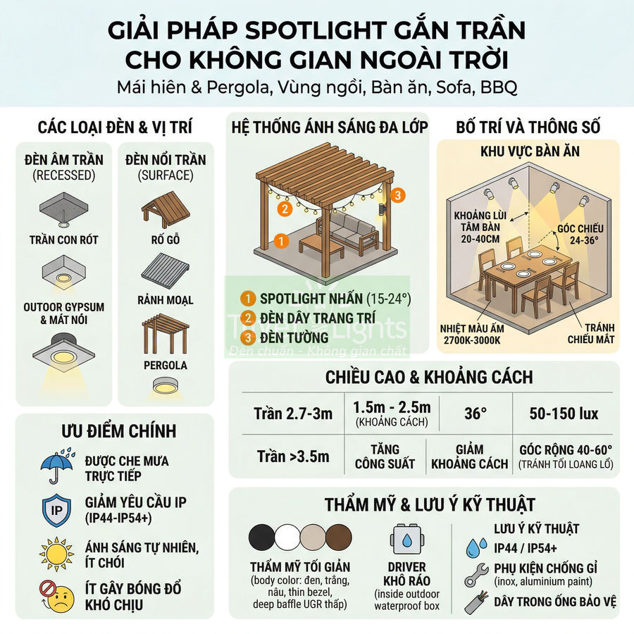 Infographic giải pháp lắp đèn spotlight âm trần và nổi trần cho không gian ngoài trời, mái hiên, pergola, bàn ăn