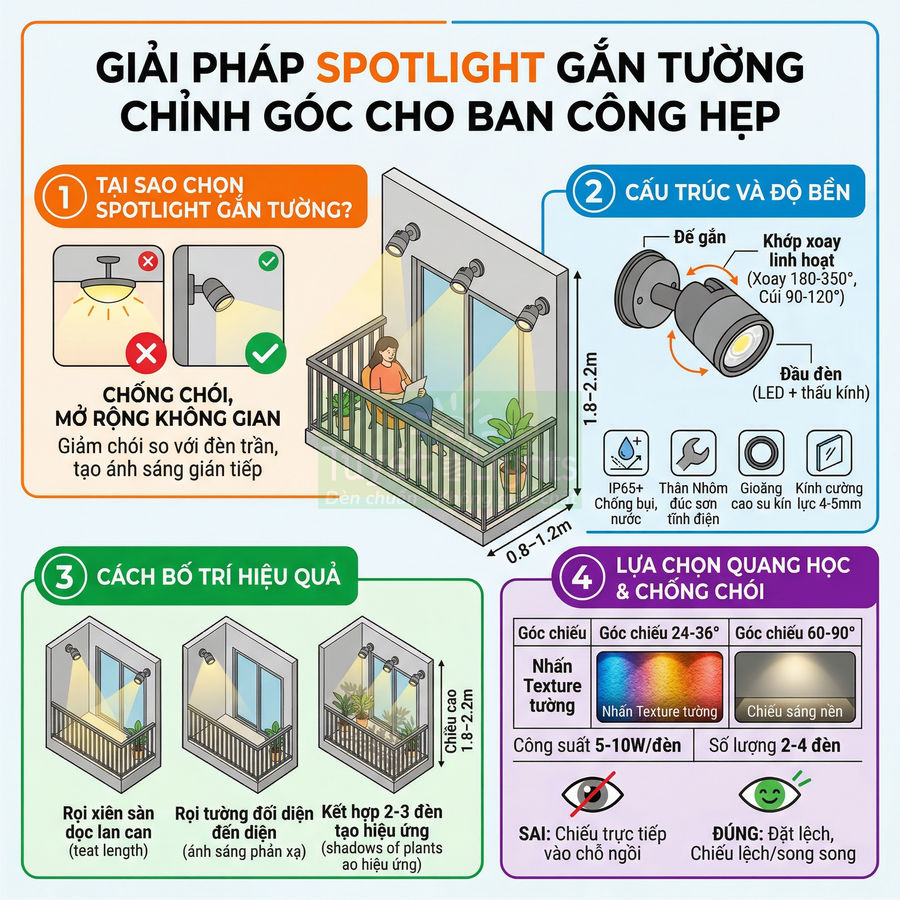 Giải pháp đèn spotlight gắn tường chỉnh góc chống chói cho ban công hẹp, hướng dẫn bố trí và chọn công suất
