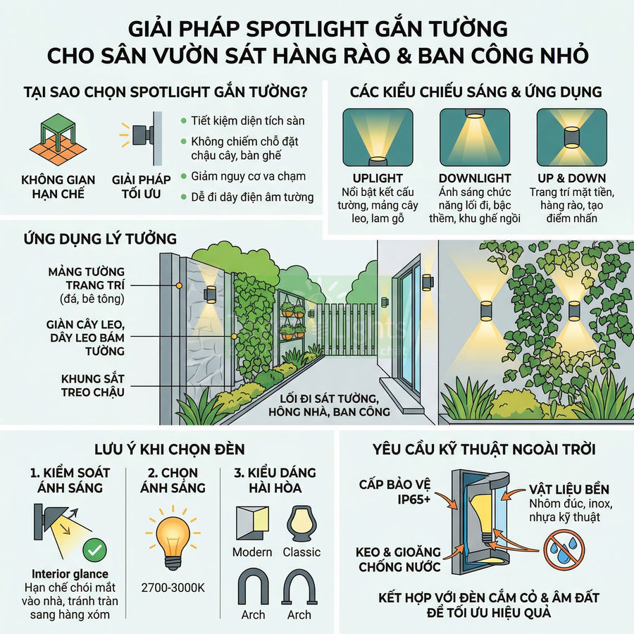 Đèn spotlight gắn tường chiếu sáng sân vườn sát hàng rào và ban công nhỏ, trang trí cây leo và lối đi ngoài trời