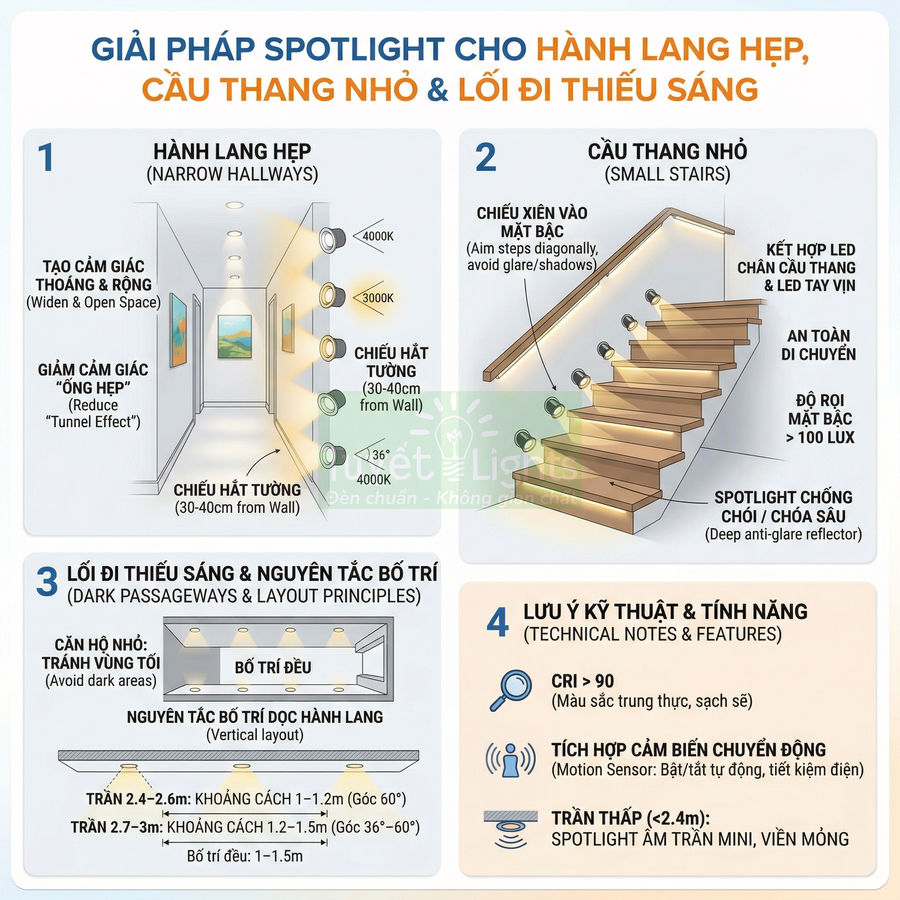Giải pháp đèn spotlight âm trần chiếu sáng hành lang hẹp, cầu thang nhỏ và lối đi thiếu sáng
