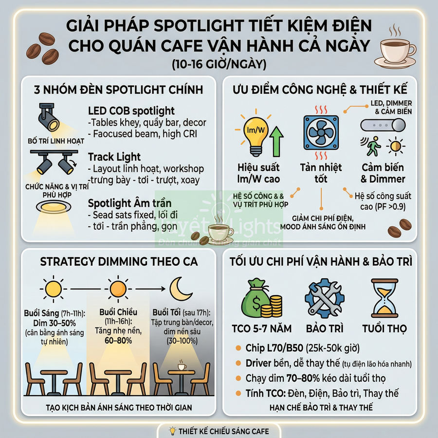 Giải pháp đèn spotlight tiết kiệm điện cho quán cafe, trình bày các loại đèn, ưu điểm và chiến lược dimming