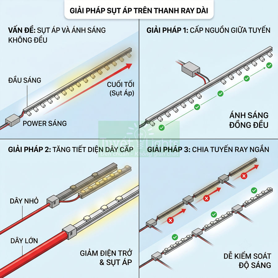 Giải pháp chống sụt áp cho thanh ray đèn LED dài với các cách cấp nguồn và tăng tiết diện dây cáp