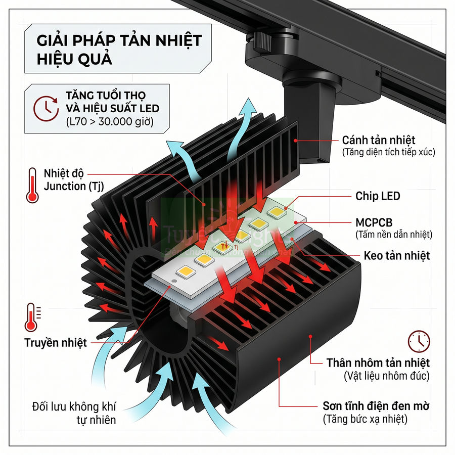 Cấu tạo đèn LED chiếu sáng với chip LED, keo và thân nhôm tản nhiệt giúp tăng tuổi thọ và hiệu suất