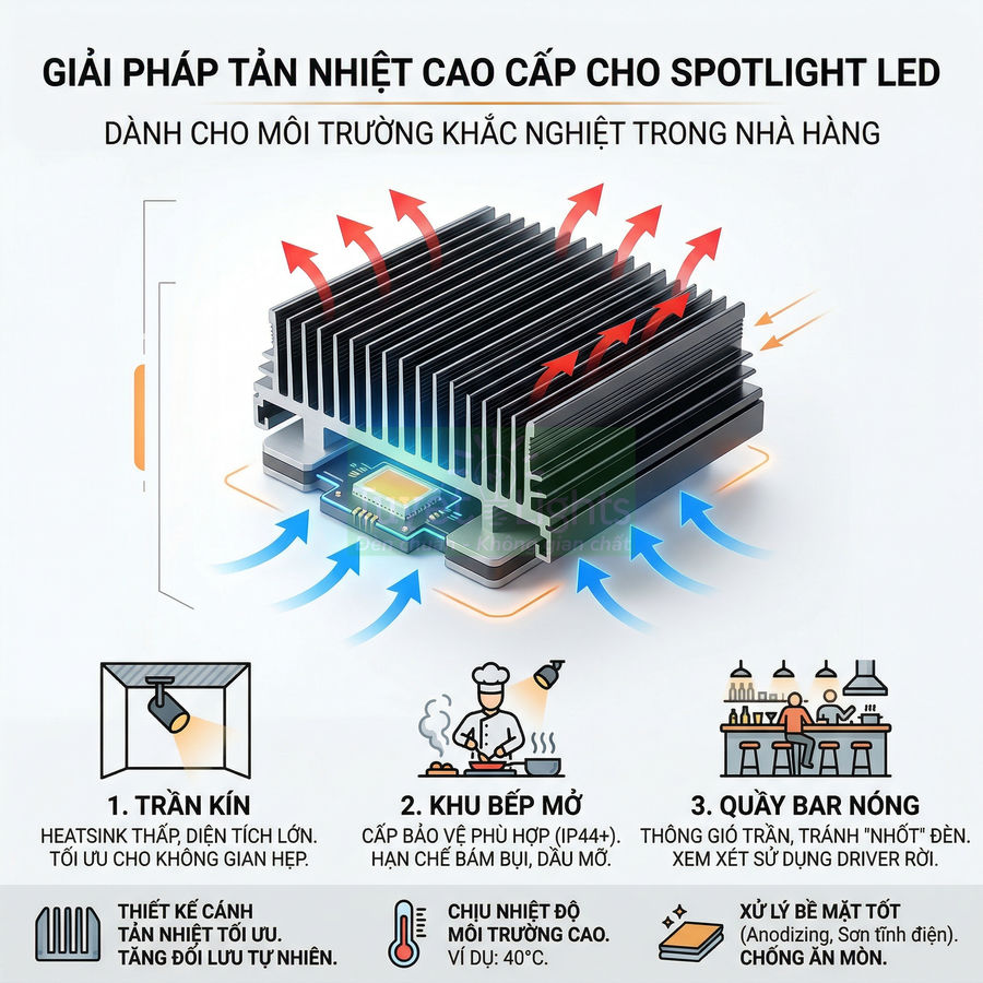 Bộ tản nhiệt cao cấp cho spotlight LED với thiết kế cánh nhôm tối ưu tản nhiệt trong môi trường nhà hàng