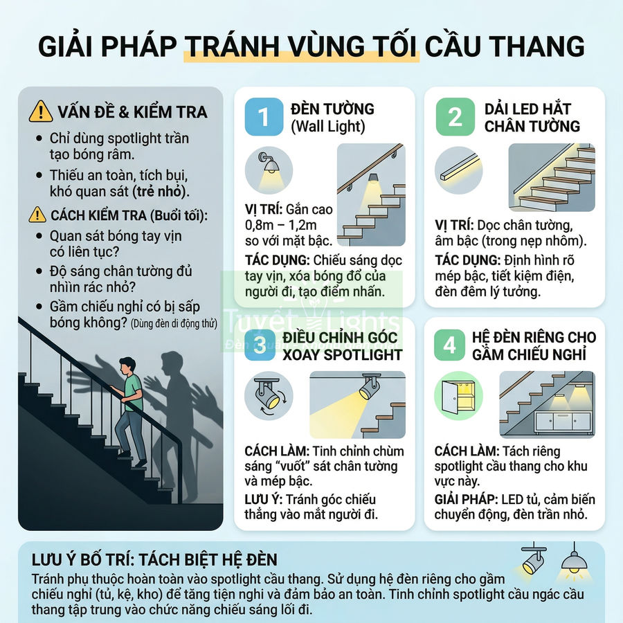 Infographic giải pháp lắp đèn tường, đèn led và spotlight để tránh vùng tối nguy hiểm trên cầu thang