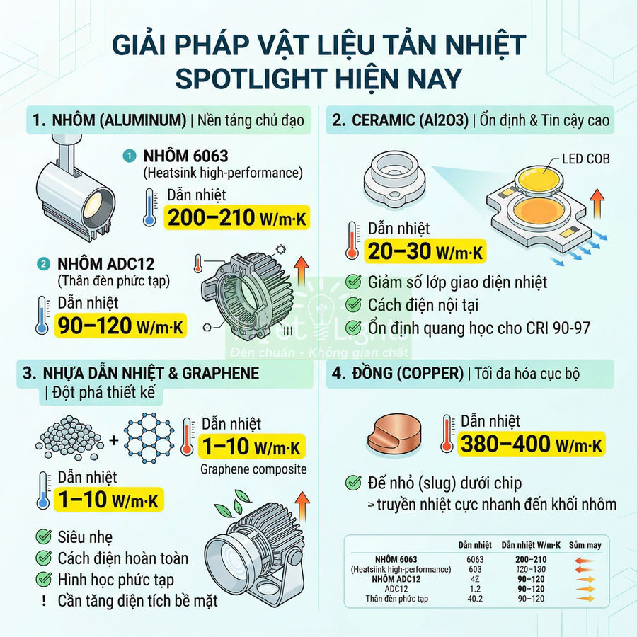 Infographic so sánh vật liệu tản nhiệt cho đèn LED spotlight gồm nhôm, ceramic, nhựa graphene và đồng