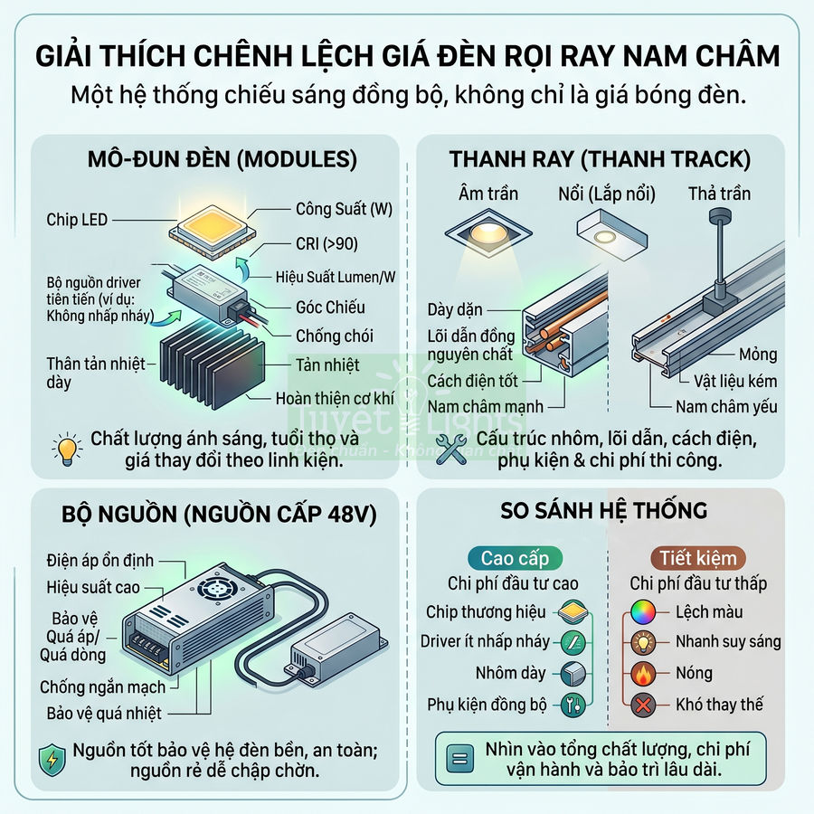 Vì sao giá đèn rọi ray nam châm chênh lệch nhiều giữa các loại?