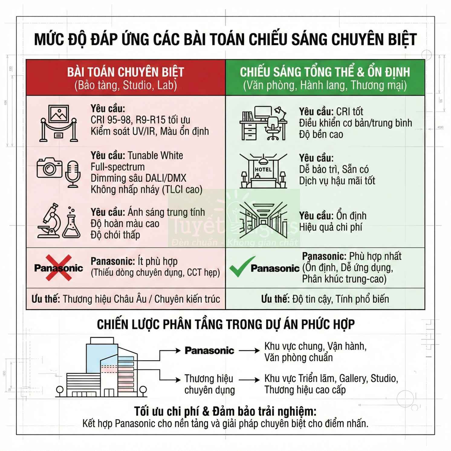 Infographic so sánh giải pháp chiếu sáng chuyên biệt và chiếu sáng tổng thể ổn định của Panasonic
