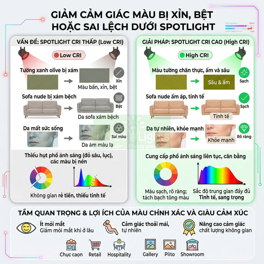 Infographic so sánh spotlight CRI thấp và spotlight CRI cao, minh họa sự khác biệt về độ trung thực màu sắc nội thất