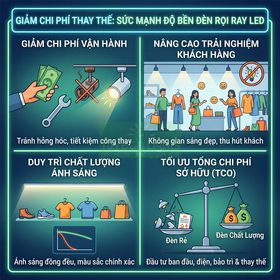 Infographic lợi ích đèn rọi ray LED về tiết kiệm chi phí, duy trì ánh sáng đẹp và tối ưu tổng chi phí sở hữu