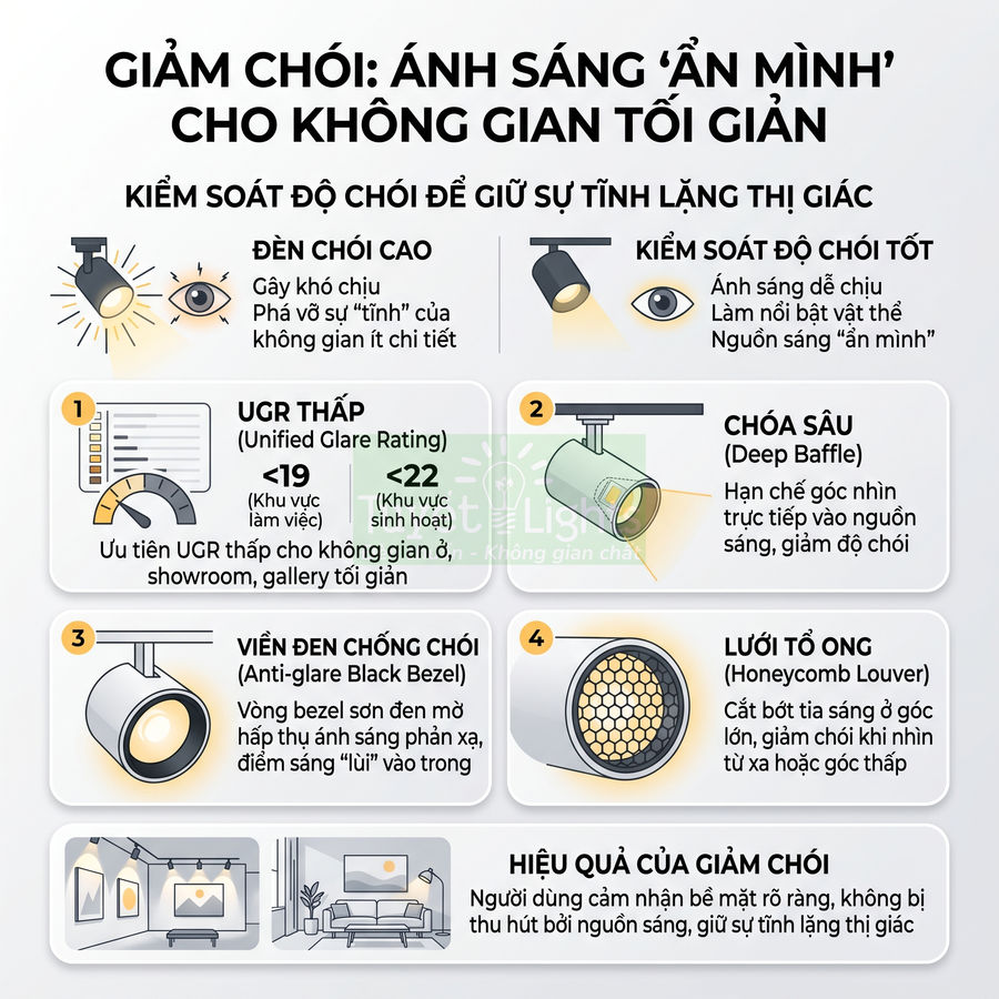 Infographic hướng dẫn chọn đèn chiếu sáng chống chói với UGR thấp, chóa sâu, viền đen và lưới tổ ong cho không gian tối giản