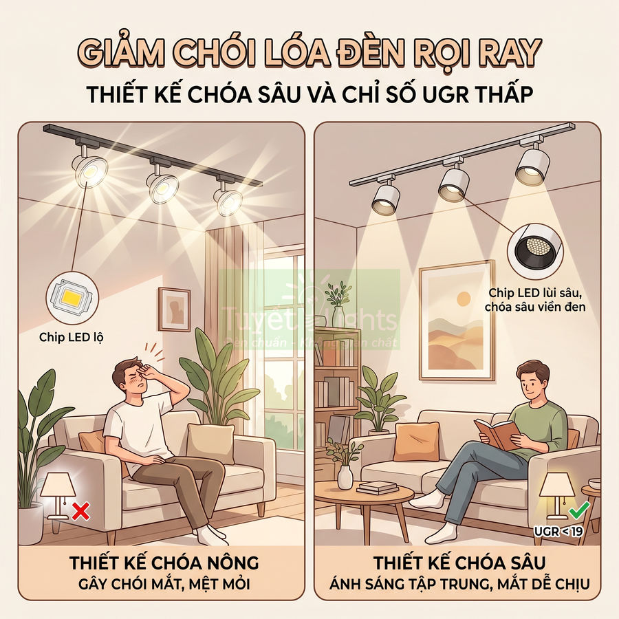 So sánh đèn rọi ray LED thiết kế chóa nông gây chói mắt và chóa sâu UGR thấp cho ánh sáng dễ chịu